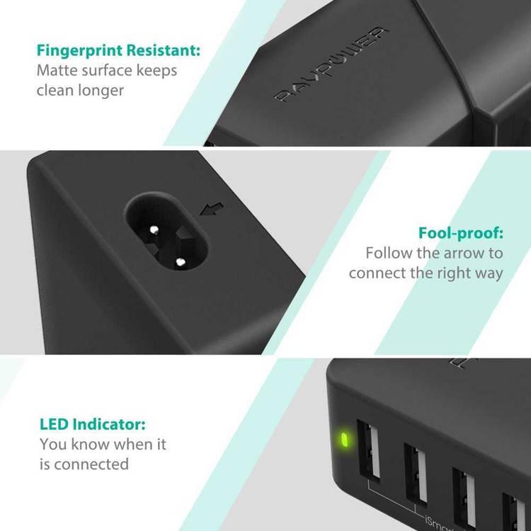 RAVPower 4-Port USB Travel Adapter 40W with Power Cord & Detachable Adapters - Portable & Sturdy Fast Charging Wall Charger with iSmart Technology & Multiple Protection - Black