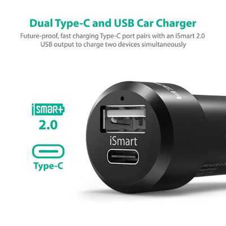 RAVPower Dual Ports Fast Charging Durable Car Charger 36W with Type-C Port - Compact Build Portable Car Power Adapter with iSmart Technology & LED Indicator - Black