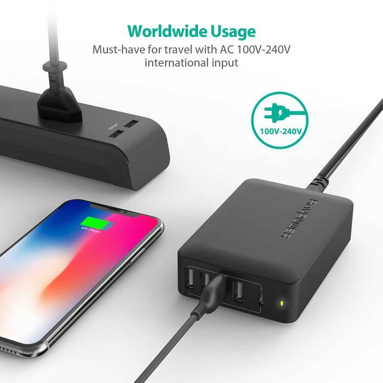 RAVPower 5 Ports USB Desktop Charger Charging Station with USB-C PD 60W - Fast Charging  Portable Mini Size Charger Hub with iSmart 2.0 Technology - Broad Compatibility - Black