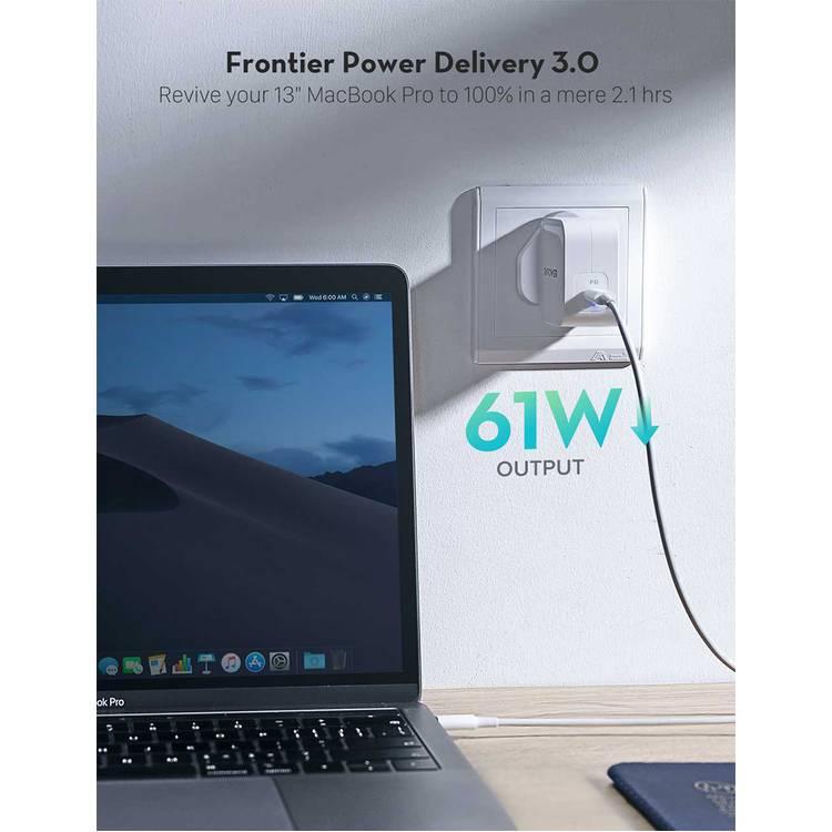 RAVPower PD Pioneer GaN Wall Charger 61W UK with Type-C Port & Multiple Protection - Slim Design Portable Travel Adapter - Power Delivery 3.0 - Fast Charging Charger - White