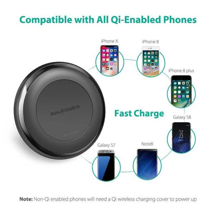 RAVPower QC3.0 10W Fast Wireless Charging Pad Compatible with All Qi-enabled Phones - Fast & Stable Charging - Non-slip Rubberized Coating with Over-voltage Protection - Black