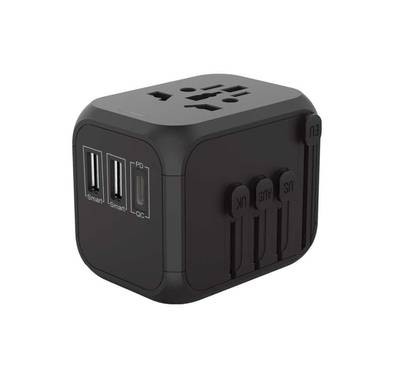 Powerology Universal Travel Adapter 2.4A + PD 18W with Dual USB Port iSmart Fast Charging Technology & QC Type-C Port - 4 International Plugs - Worldwide Wall Charger - Black