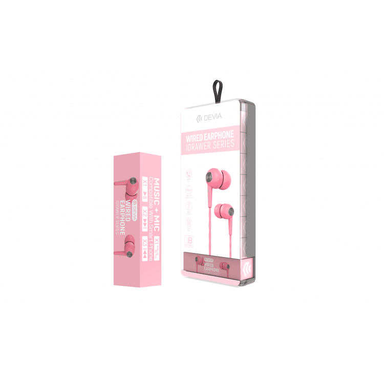 Devia Idrawer Series In-Ear Wired Earphone with Noise Reduction Compatible for Smartphones -  High Quality Sound Headset - Ergonomic Ear Cap Design - 3.5mm Audio Connector - Pink