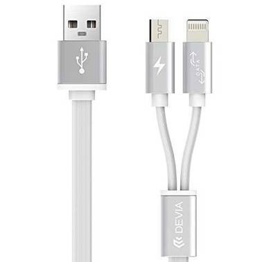 Devia Smart 2 in 1 Cable 1M, Smart Series 2 in 1 Cable Compatible with USB & Lightning 2.1A / 1M, Suitable with iOs & Android Devices, Made with Pure Copper Wire & TPE - White