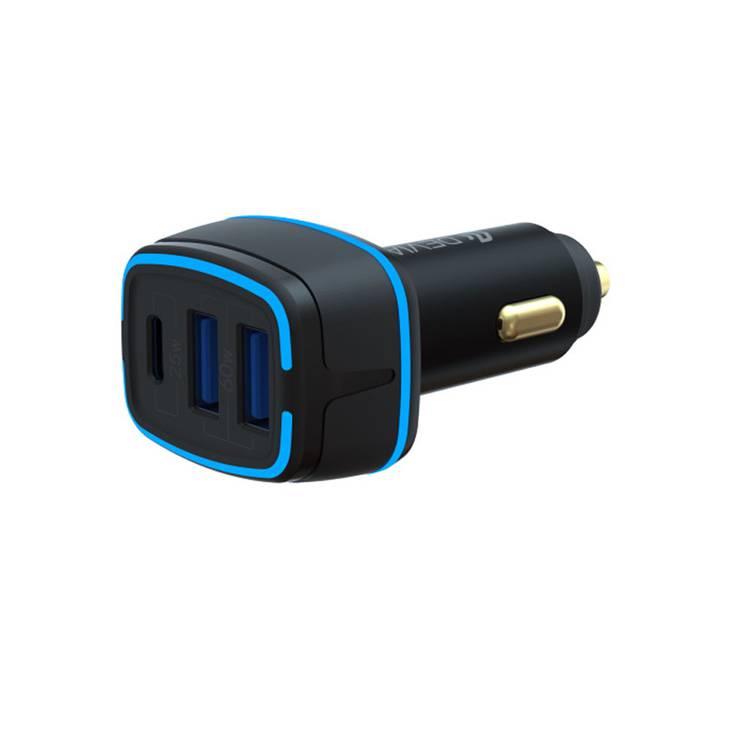 Devia Extreme Speed Dual USB+TYPE-C Full Compatible Fast Car Charger 85W, Soft LED Indicator, 3 Ports All Quick Charge, USB1 & USB2 & Type-C, 12V-24V Wide Voltage Input - Black