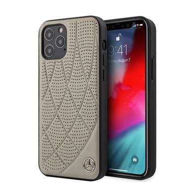 CG MOBILE Mercedes-Benz Genuine Leather Hard Case Quilted Perforated & Metal Star Logo Compatible for iPhone 12/12 Pro (6.1") Drop Absorption Cover Officially Licensed - Crystal Gray
