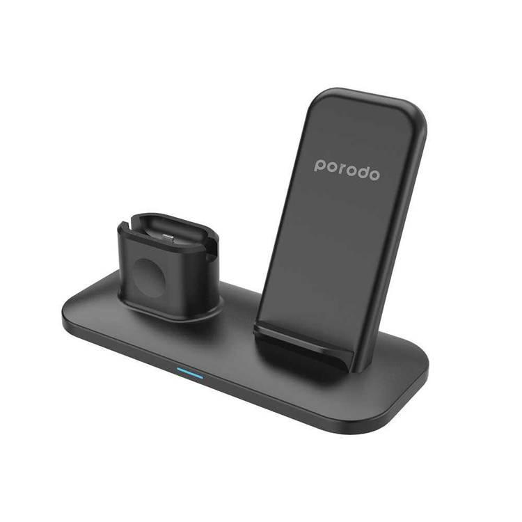 Porodo 3 in 1 Type-C Charging Station 7.5W/10W Compatible for iPhone / Apple Watch / AirPods - Qi Fast Wireless Charging Hub w/ Magnetic Watch Charger - Rubberized Surface - Black