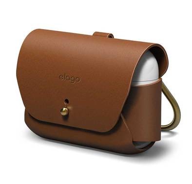 Elago Genuine Leather Case Compatible with Apple Airpods Pro, Vintage Design, Supports Wireless Charging, Brass Ring Holder, Anti-Slip Case, Shock Proof, Bring as Keychain - Brown