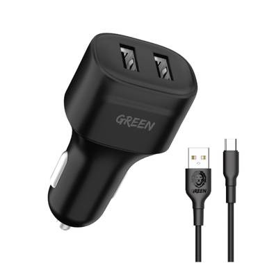 Green Lion Dual Port Car Charger 12W with PVC Type-C Cable 1.2M Fast Charging, Ultra-Fast Sync Charge Cable, - Black
