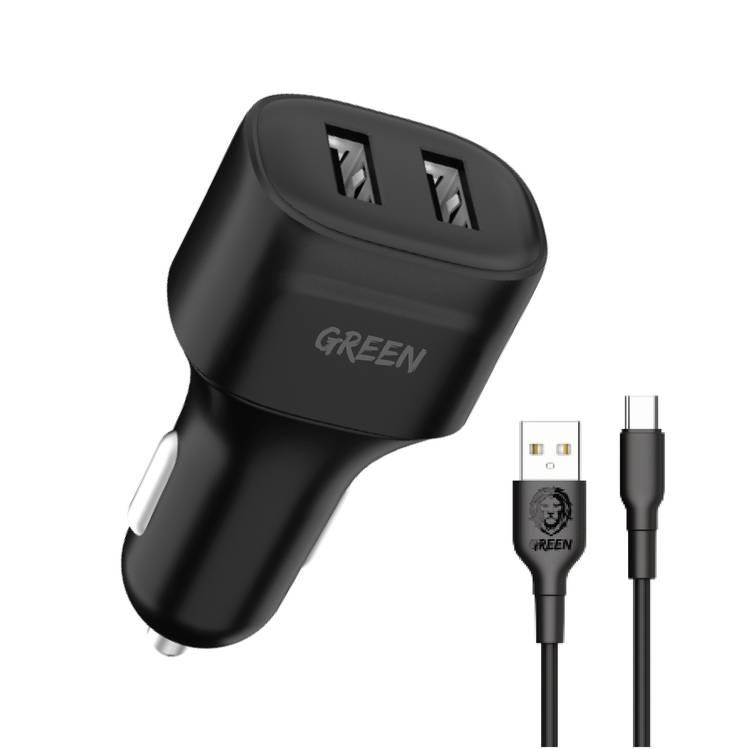 Green Lion Dual Port Car Charger 12W with PVC Type-C Cable 1.2M Fast Charging, Ultra-Fast Sync Charge Cable, - Black