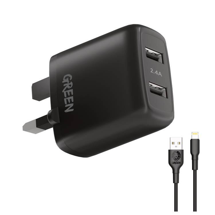 Green Lion Dual USB Port Wall Charger 12W UK with PVC Lightning Cable 1.2M, Fast Charging, Ultra-Fast Sync Charge Cable  - Black