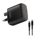 Green Lion Type-C Port Wall Charger 20W UK with PVC Type-C to Type-C Cable 1.2M, Fast Charge Adapter & Cable with Over-heat Protection  - Black