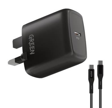 Green Lion Type-C Port Wall Charger 20W UK with PVC Type-C to Type-C Cable 1.2M, Fast Charge Adapter & Cable with Over-heat Protection  - Black