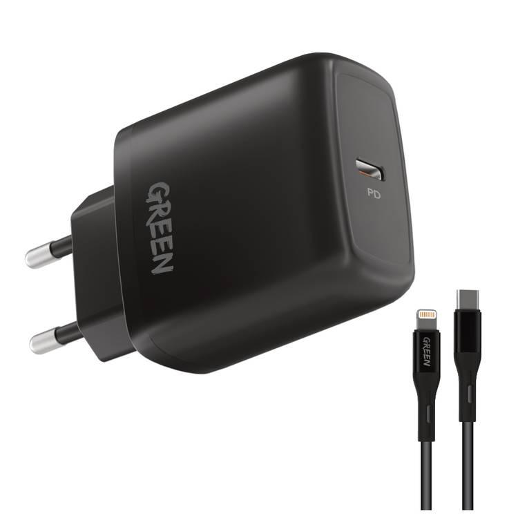 Green Lion Type-C Port Wall Charger 20W EU with PVC Type-C to Lightning Cable 1.2M, Fast Charging Adapter & Connector   - Black