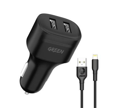 Green Lion Dual Port Car Charger 12W with PVC Lightning Cable 1.2M, Fast Charging Ultra-Fast Sync Charge Cable, Over-Current Protection, Compatible for iPhone Lightning Devices - Black