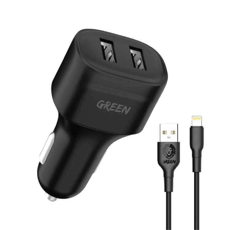 Green Lion Dual Port Car Charger 12W with PVC Lightning Cable 1.2M, Fast Charging Ultra-Fast Sync Charge Cable, Over-Current Protection, Compatible for iPhone Lightning Devices - Black