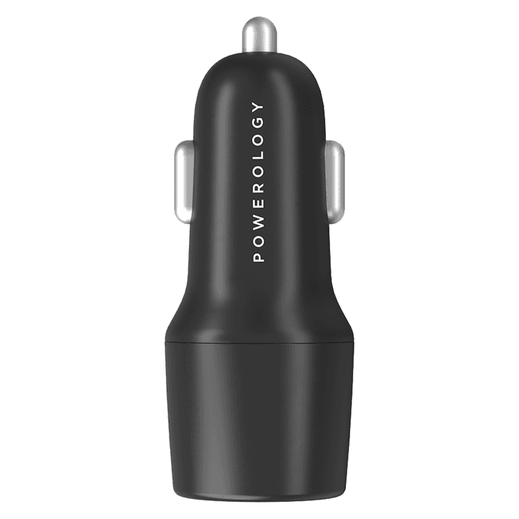 Powerology 53W Ultra-Quick Car Charger Dual Output with USB-C to USB-C Cable - Black