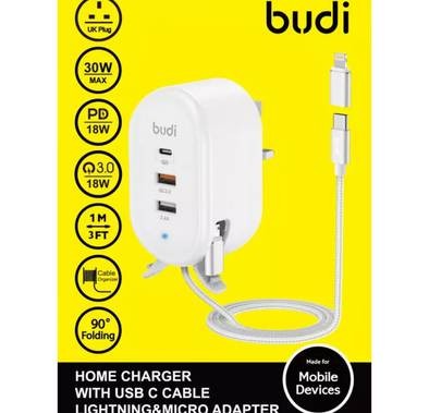 Budi Home Charger With USB-C Cable / Lightning & Micro Adapter - White