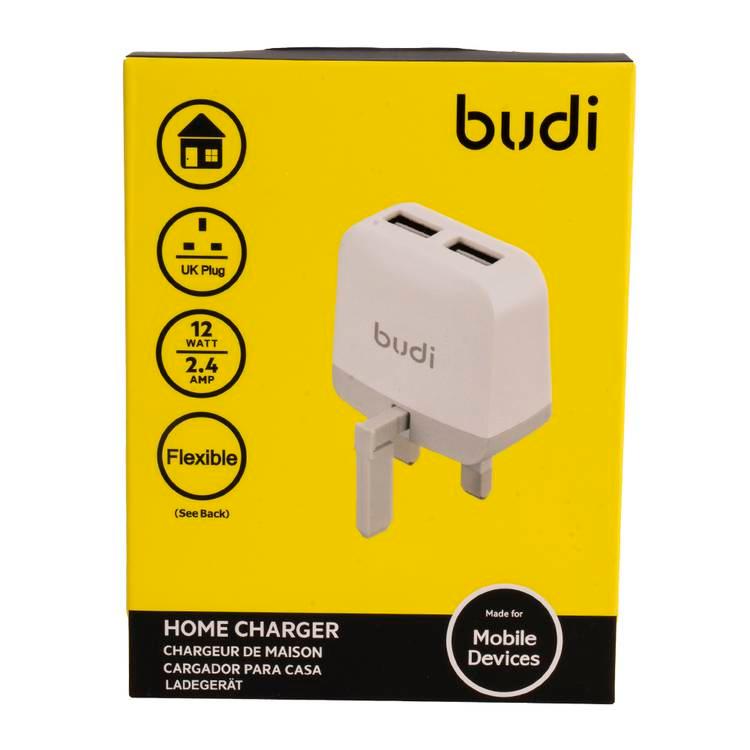 Budi M8J940U Home Charger 12W De Maison Home Charger, UK Plug, 12 WATT, Flexible, 2 USB Ports, -  White/Grey
