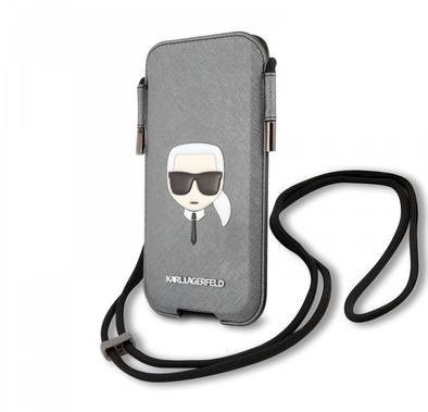 Karl Lagerfeld PU Saffiano Pouch With Karl`s Head Medium - Silver