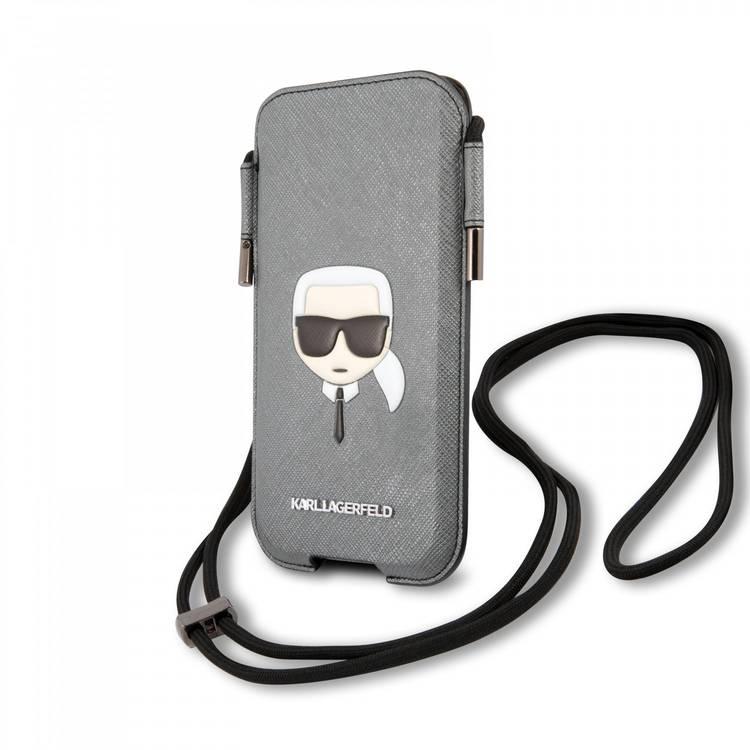 Karl Lagerfeld PU Saffiano Pouch With Karl`s Head Medium - Silver