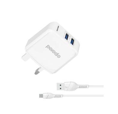 Porodo Dual USB Wall Charger 2.4A with PVC Micro USB Cable 1.2M UK - White