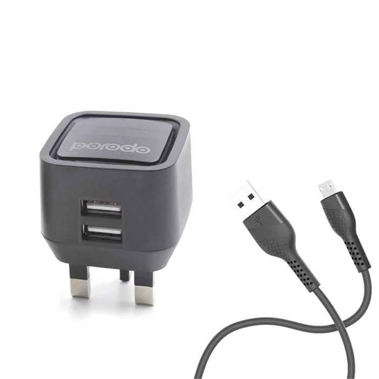 Porodo Dual USB Wall Charger 2.4A with PVC Micro USB Cable 1.2m - Black
