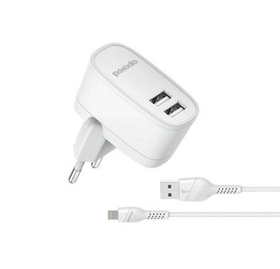 Porodo 2Pin Dual USB Wall Charger 2.4A with PVC Lightning Cable 1.2m - White