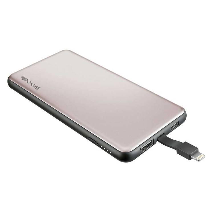 Porodo USB & Type-C Power Bank 10000mAh with Cable Compatible for Lightning Devices - Travel-friendly Design - Slim Lightweight Portable Charger Powerbank - Gold