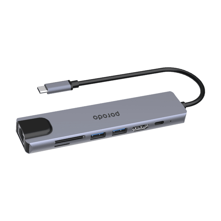 Porodo 7 in 1 Aluminum USB-C Hub 4K HDMI PD 100W - Gray
