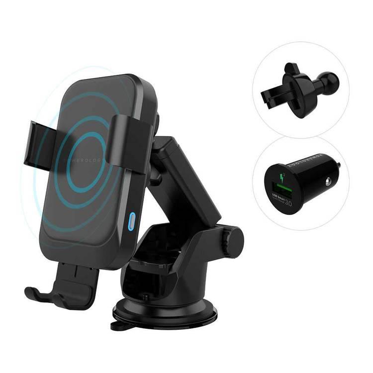Powerology Wireless Charger Car Mount, Phone Holder Auto Clamping Grip Touch-sensor Release Dashboard Air Vent QC3.0 Black