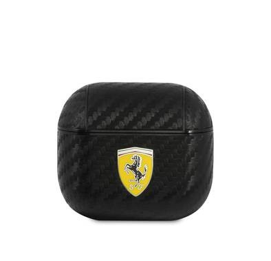 Ferrari PC PU Carbon Yellow Shield Metal Logo Case for Airpods 3 - Black