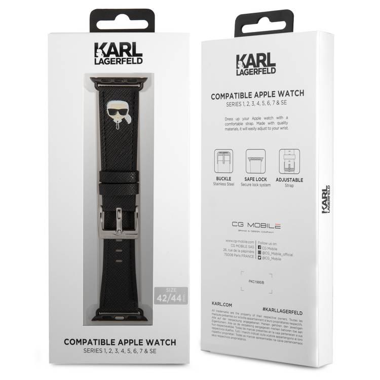 أسود - حزام كارل لاغرفليد لساعة آبل  42/44 مم مصنوعة من جلد سافيانو بشعار ماركة كارل لاغرفيلد