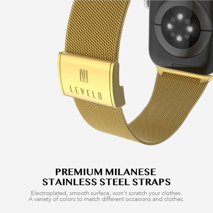 LEVELO Double Milanese Watch Strap Compatible for Apple Watch 42mm/44mm/45mm | Stainless Steel Replacement Band | Adjustable Magnetic Loop Strap for Watch Series 7/SE/6/5 - Gold