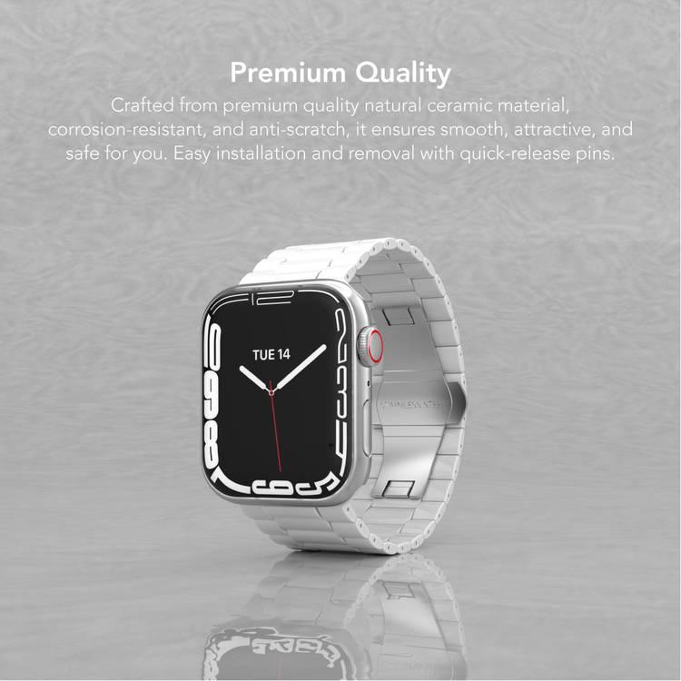 LEVELO Nocturne Three Strain Ceramic Watch Strap Compatible for Apple Watch 42mm/44mm/45mm | Quick Release Replacement Watch Band | Butterfly Clasp for Watch Series 7/SE/6/5 - White