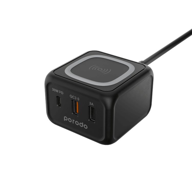 Porodo PD-FWCH005-BK Desktop Charger with 3-Ports Fast Wireless Charger - Black