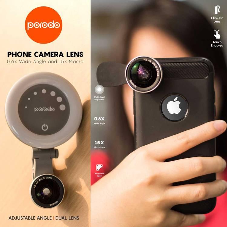 Porodo 3 in 1 Dual Phone Camera Lens 0.6X Wide and 15X Macro - Gray