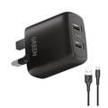Green Lion Dual USB Port Wall Charger 12W UK 3pin Plug Adapter with PVC Micro USB Cable 1.2M - Black