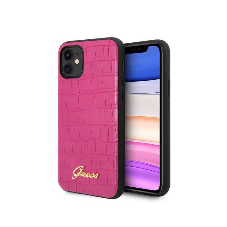 CG Mobile Guess PU Croco Print Phone Case with Metal Logo Compatible for iPhone 11 (6.1") Shock & Scratch Resistant Officially Licensed - Pink