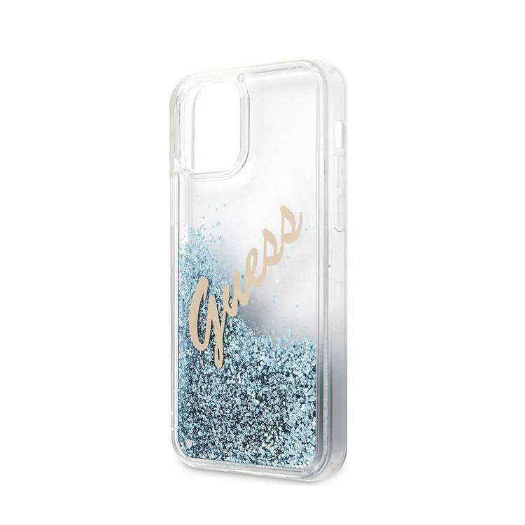 CG MOBILE Guess Liquid Glitter Script Hard Phone Case Compatible for iPhone 12 Pro Max (6.7") Shock Resistant Mobile Case Officially Licensed - Vintage Blue