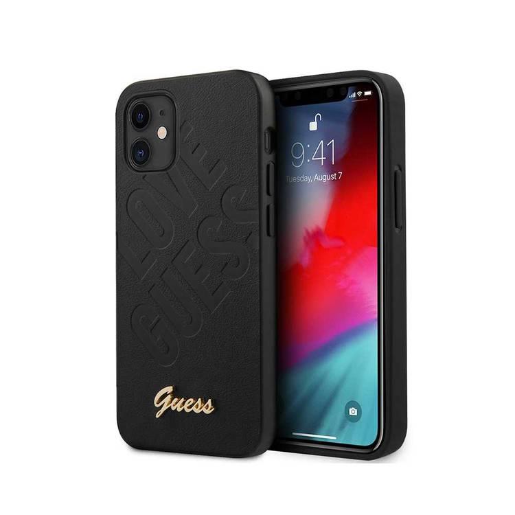 CG MOBILE Guess PU Iridescent "LOVE" Debossed Phone Case with Metal Logo Compatible for iPhone 12 Mini (5.4") Drop Protection Mobile Case Officially Licensed - Black