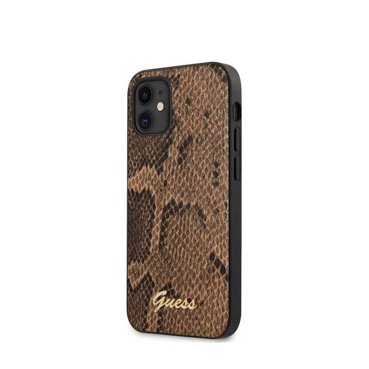 CG MOBILE Guess PU Python Pattern Phone Case with Metal Logo Compatible for iPhone 12 Mini (5.4") Mobile Case Suitable with Wireless Charging Officially Licensed - Brown