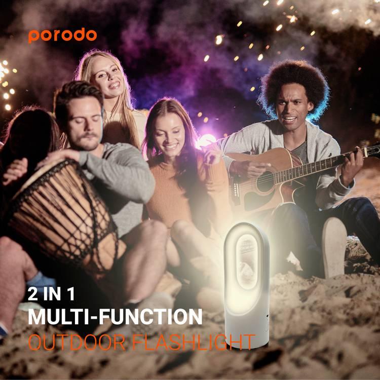 Porodo 2 in 1 Multi-Function Outdoor FlashLight, 5H Working Time, 1000 Lumens, Built-in Battery - White