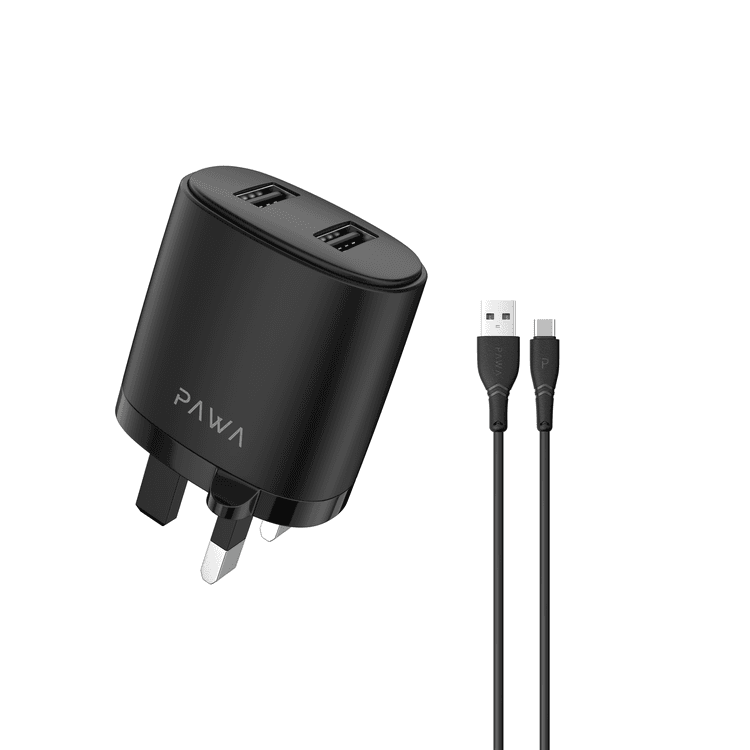 Pawa Solid Travel Charger Dual USB Port 2.4A With Type-C Cable-Black