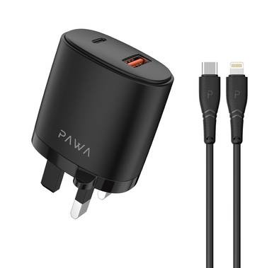 Pawa Solid Travel Charger Dual PD & QC Port With Type-C to Lightning Cable-Black