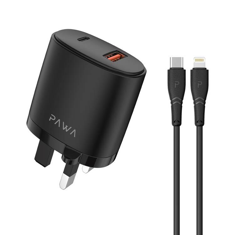 Pawa Solid Travel Charger Dual PD & QC Port With Type-C to Lightning Cable-Black