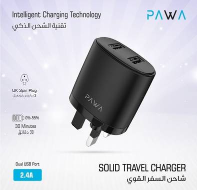 Pawa Solid Travel Charger Dual USB Port 2.4A-Black