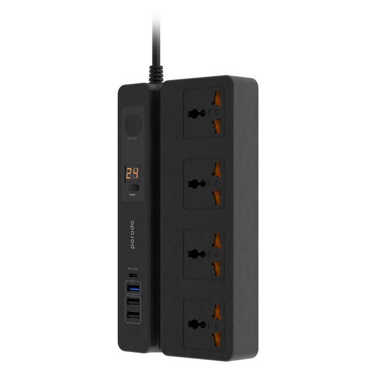 Porodo PD-FWCH007-BK Multi-Function Power Socket with Phone Stand and Digital Timer 3M Three USB-A output ports  Fire-Proof Material Power Strip - Black