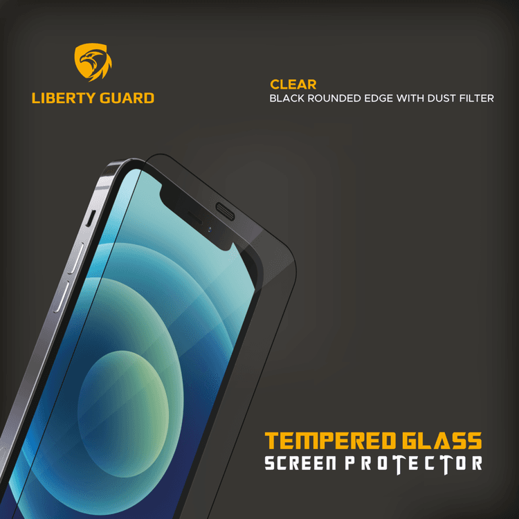 Liberty Guard LGCLRDFBRE12PRO 2.5D Full Cover Rounded Edge with Dust Filter Screen Protector for iPhone 12/12 Pro, Anti Shock & Anti Impact - Black