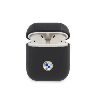 BMW Signature Collection PC Genuine Leather Case with Metal Logo Silver For Airpods 1/2, Anti Shock & Anti Impact - Navy